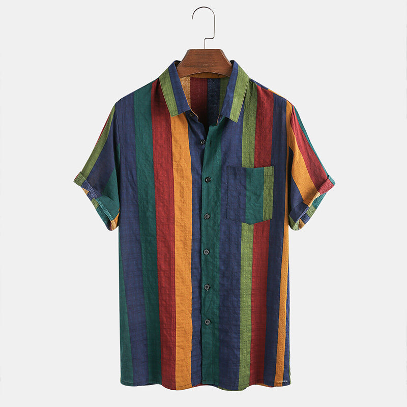 Mens Thin & Breathable Cotton Colorful Stripe Holiday Shirt