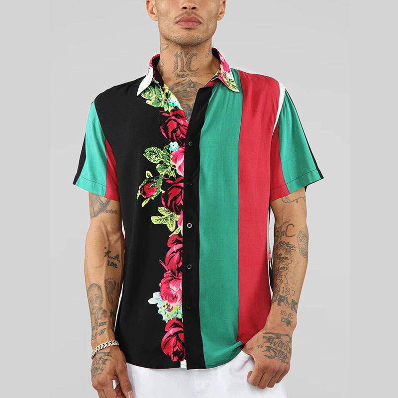 Men Floral & Color Striped Patchwork Shirt