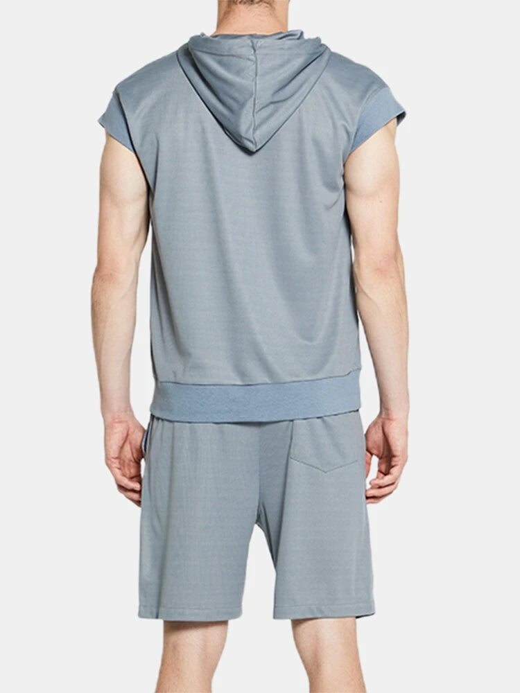 Men's Sleeveless Hooded Athletic Shorts Pajamas Set