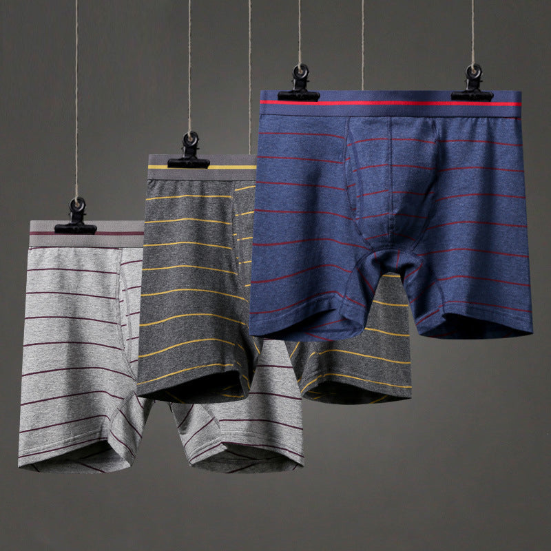 Men's Cotton Striped Boxer Brifs Fly Front with Pouch