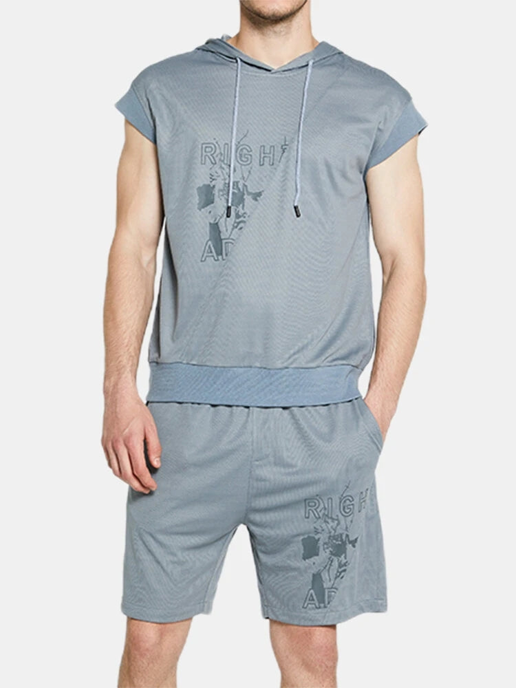 Men's Sleeveless Hooded Athletic Shorts Pajamas Set