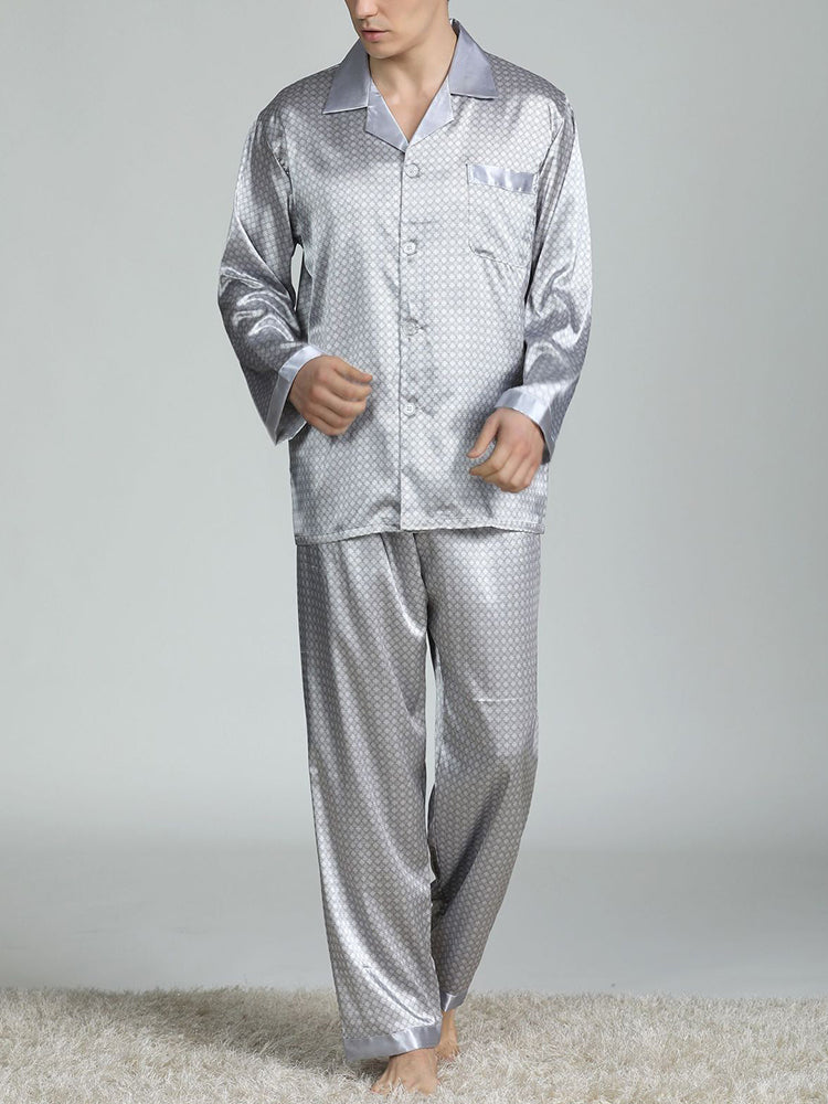 Men's Print Sleepwear Silk Satin Pajamas Set