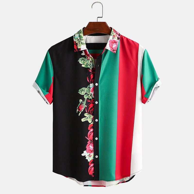 Men Floral & Color Striped Patchwork Shirt