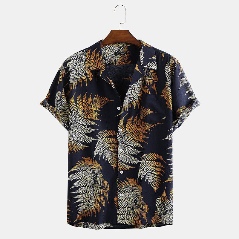 Mens 100% Cotton Leaf Printed Short Sleeve Shirts