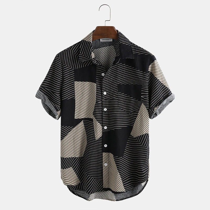 Mens Striped Color Block Short Sleeve Shirts